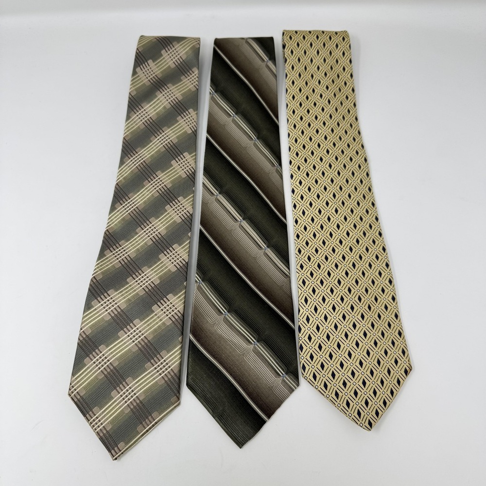 John Ashford Stafford Silk Ties Lot of 3 Mens Plaid Stripe Geometric Brown Green